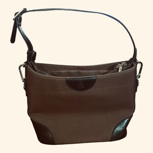 Joy Mangano Women's Expandable Drop Handbag Tote Brown Faux Leather Trim